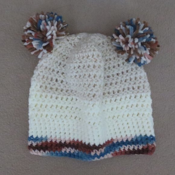 New OOAK Unisex Hand Crocheted Cream & Multi Double Pom Pom Beanie - Picture 4 of 7